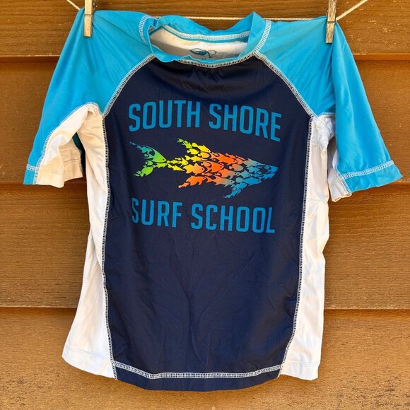 Op Boys Swim Shirt South Shore Surf School Design Blue & White Rash Guard Size M - Picture 1 of 11